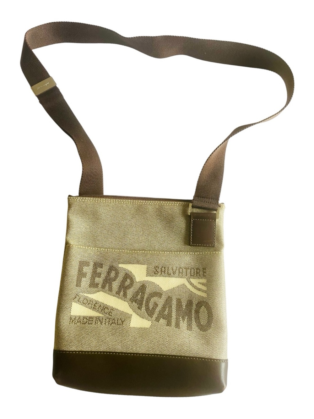 Salvatore Ferragamo Crossbody Messenger Bag Beige Brown Coated Canvas Leather